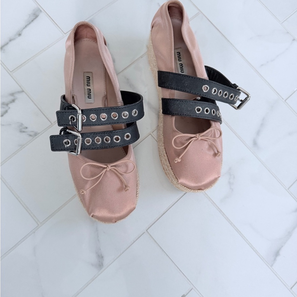 Miu Miu Pink and Black Flats with Strap Detail